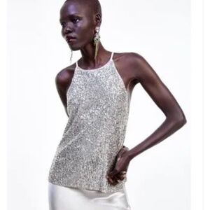 🌺Host Pick!!🌺 Zara Trafaluc Silver Sequinned Grecian Halter neckline top S